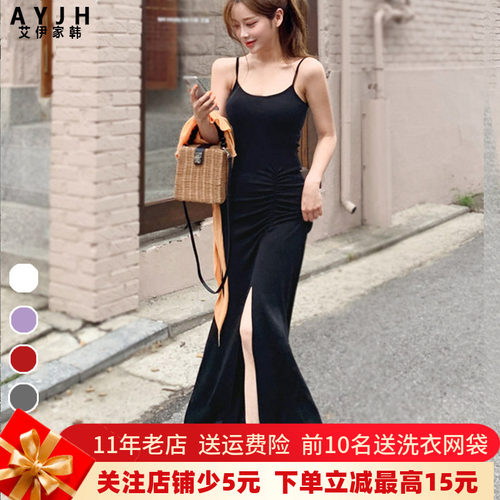 莫代尔连衣裙性感褶皱开叉吊带裙