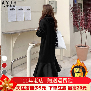 长款 宽松休闲连衣裙鱼尾裙 显瘦慵懒风连帽卫衣裙女加绒加厚冬大码