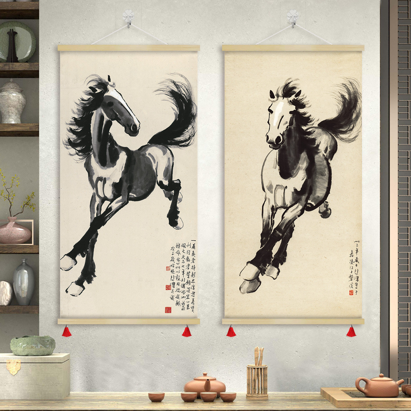 徐悲鸿国画复刻挂图奔马回眸图骏马墨笔画卷轴挂画墙装饰画GZS53