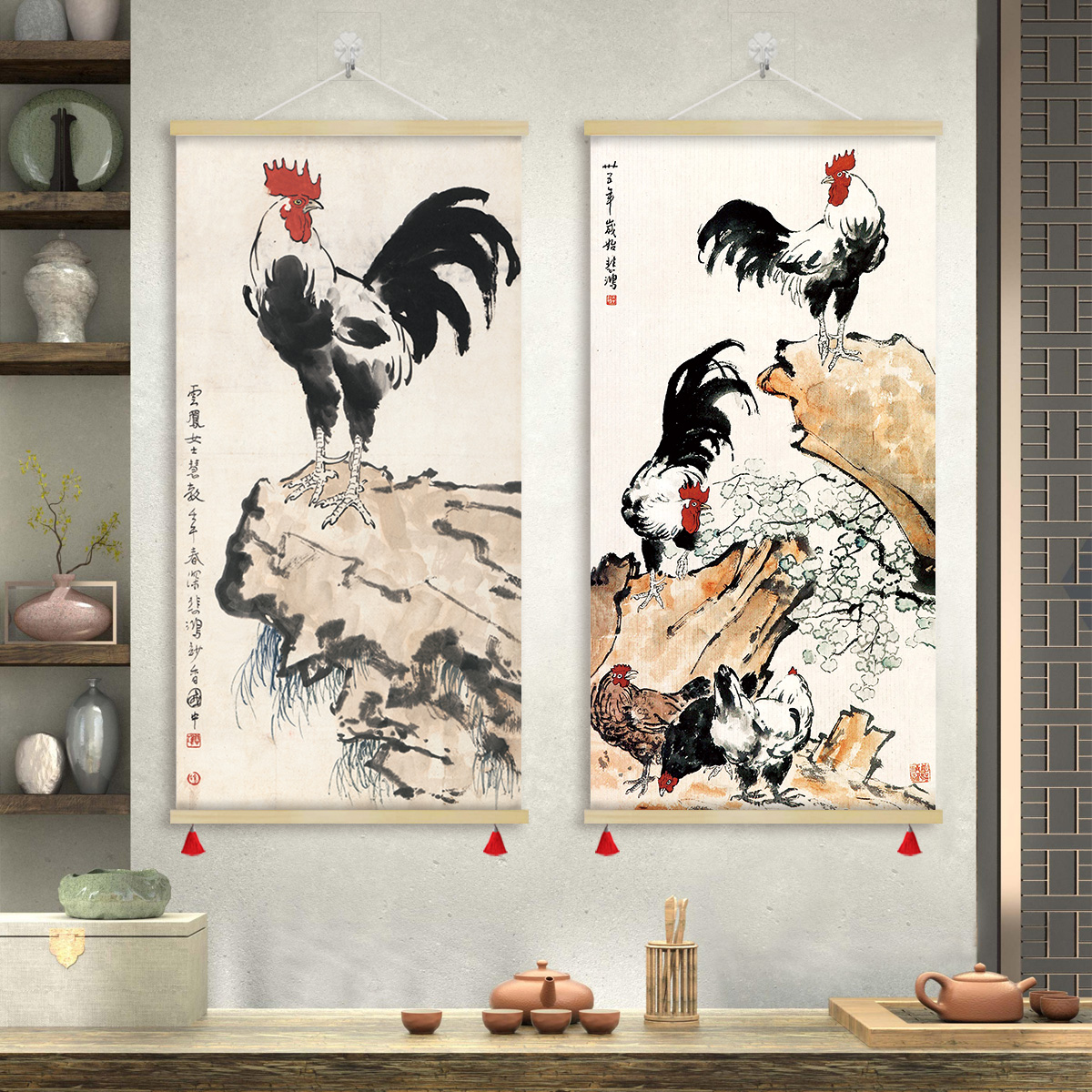 新中式挂画雄鸡报晓风雨鸡鸣图徐悲鸿书画卷轴装饰画墙字画GZS18图片