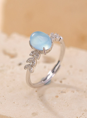 s925纯银海蓝宝麦穗蛋面精致轻奢感气质戒指开口银指环