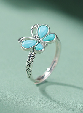 S925纯银绿松石戒指蝴蝶复古百搭气质梅花小众设计女银指环