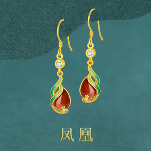原创925银鎏金宫廷风水滴点缀锆石耳环南红玛瑙凤凰耳饰直播