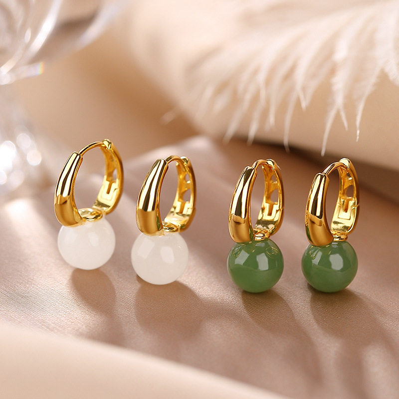 S925纯银镀金白玉碧玉简约时尚圆珠爱心镂空耳钉百搭女耳环