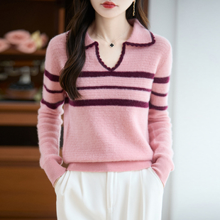 臻缦绒【超上镜条纹Polo】全羊毛针织衫女时髦翻领套头毛衣上衣