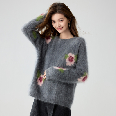 Z.M.R 100%纯山羊绒拉绒工艺 重工撞色提花加厚针织毛衣女上衣冬
