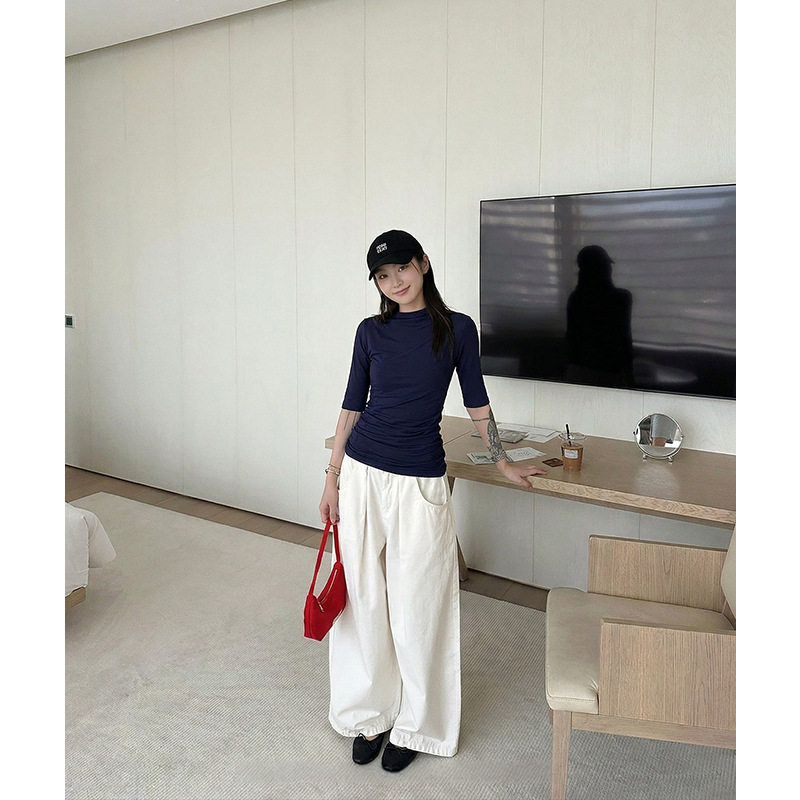 小7家 ins白色半高领短袖T恤女薄款莫代尔不规则七分袖上衣女中袖
