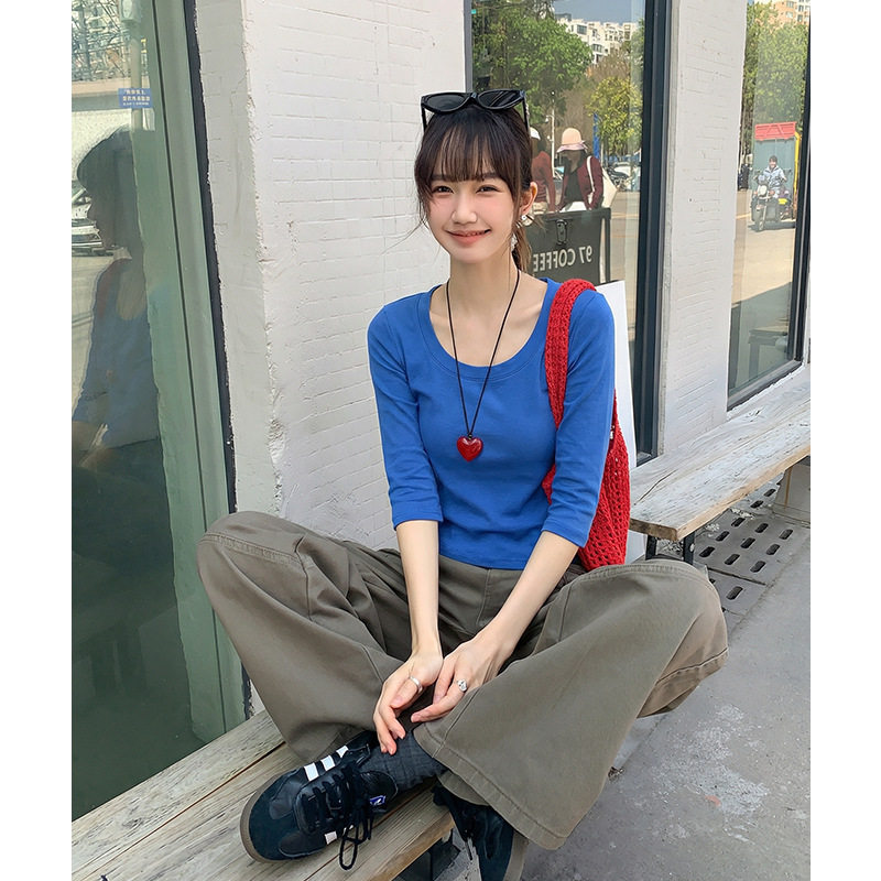 小7家ins灰色七分袖u领正肩T恤女2026新款夏季打底衫中袖五分袖女