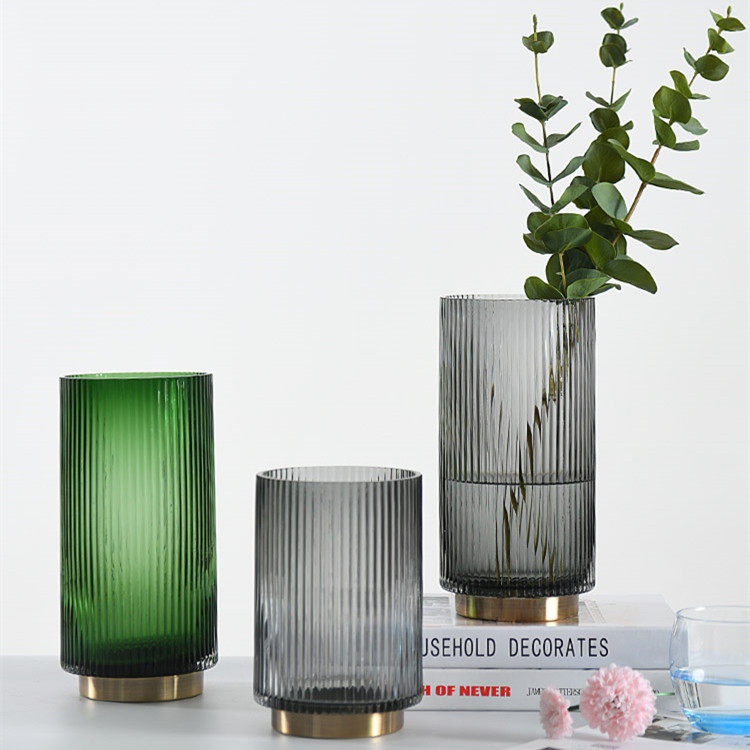 北欧INS彩色竖纹金边铜圈玻璃花瓶大号水培客厅插花样板装饰摆件,家居饰品,花瓶,淘宝优惠券,粉丝福利购,淘宝优惠卷