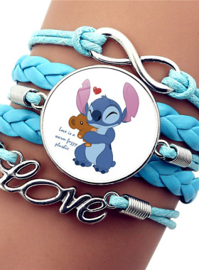 星际宝贝史迪奇蓝色编织手链史迪仔Stitch卡通时光宝石皮革手