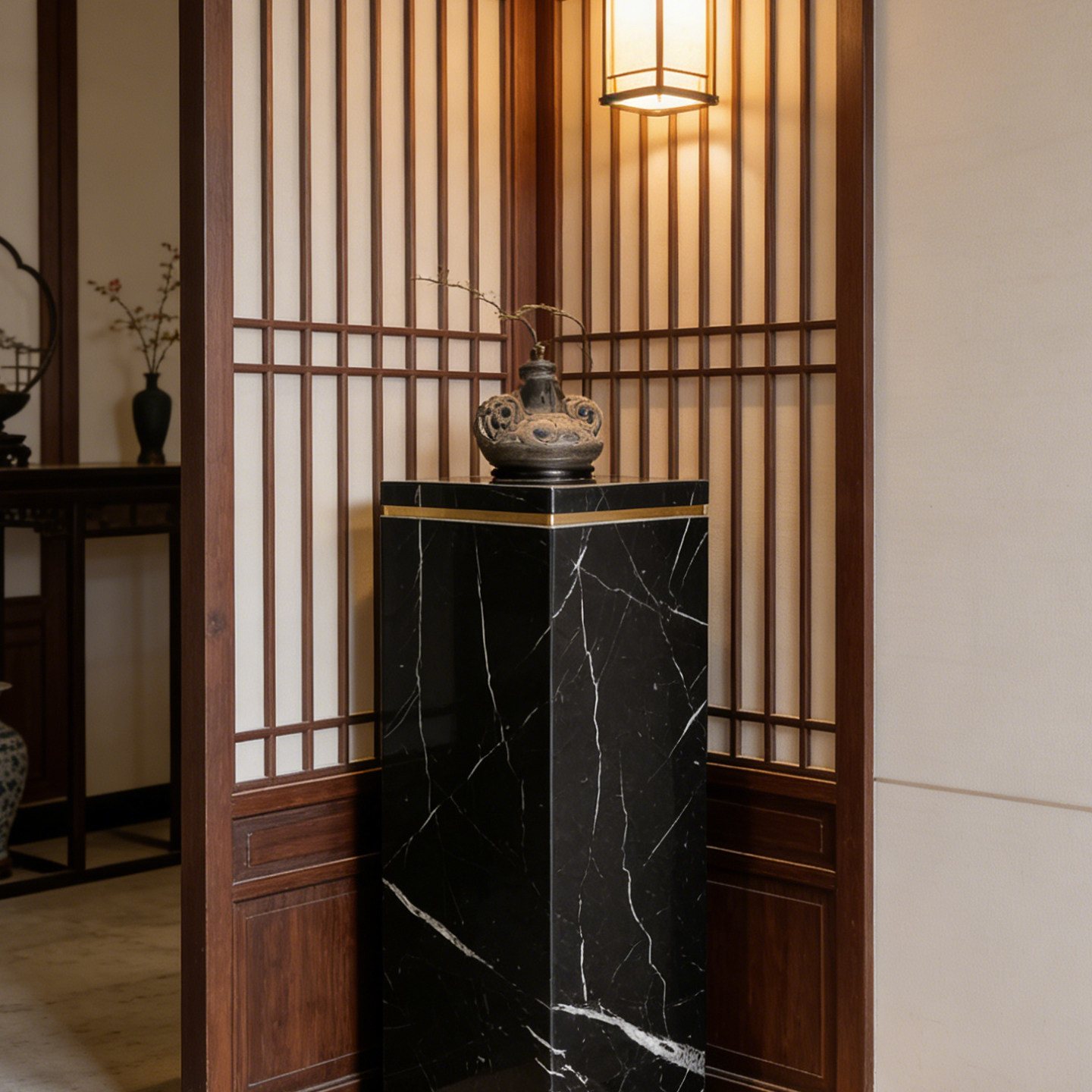 天然黑白根大理石摆件底座酒店别墅玄关装饰石材柱子雕塑台定制