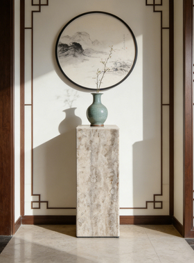 天然灰色洞石底座新中式酒店养生馆大理石石柱摆件工艺品家居墩子