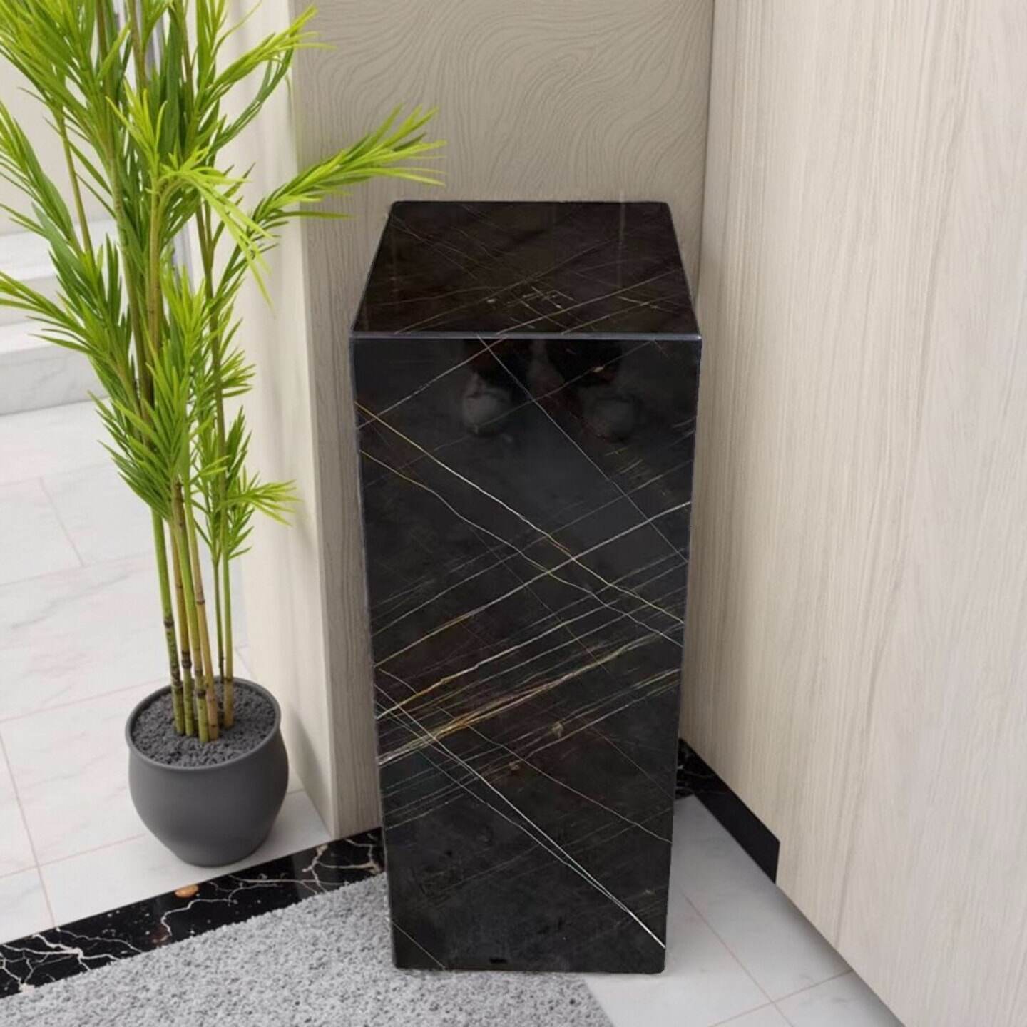 黑色天然大理石玄关立柱雕塑台酒店别墅落地轻奢石材底座高端定制