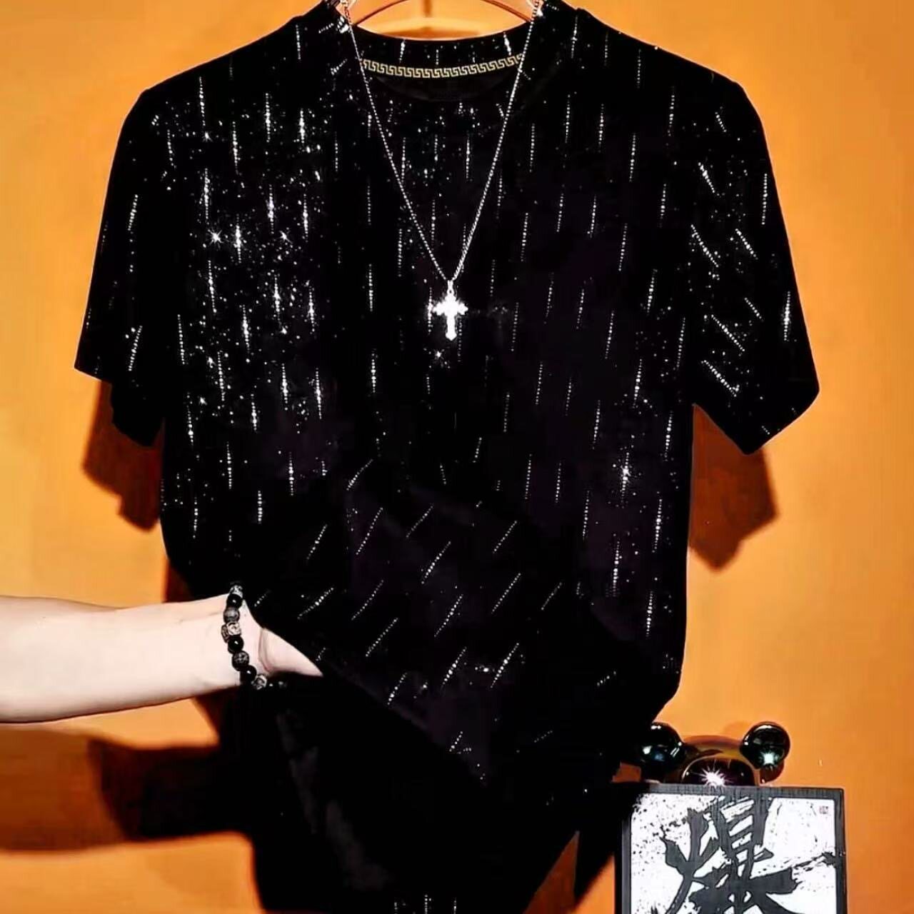 满天星设计气质闪光衣服男休闲上衣百搭雅痞亮片潮流男士短袖t恤
