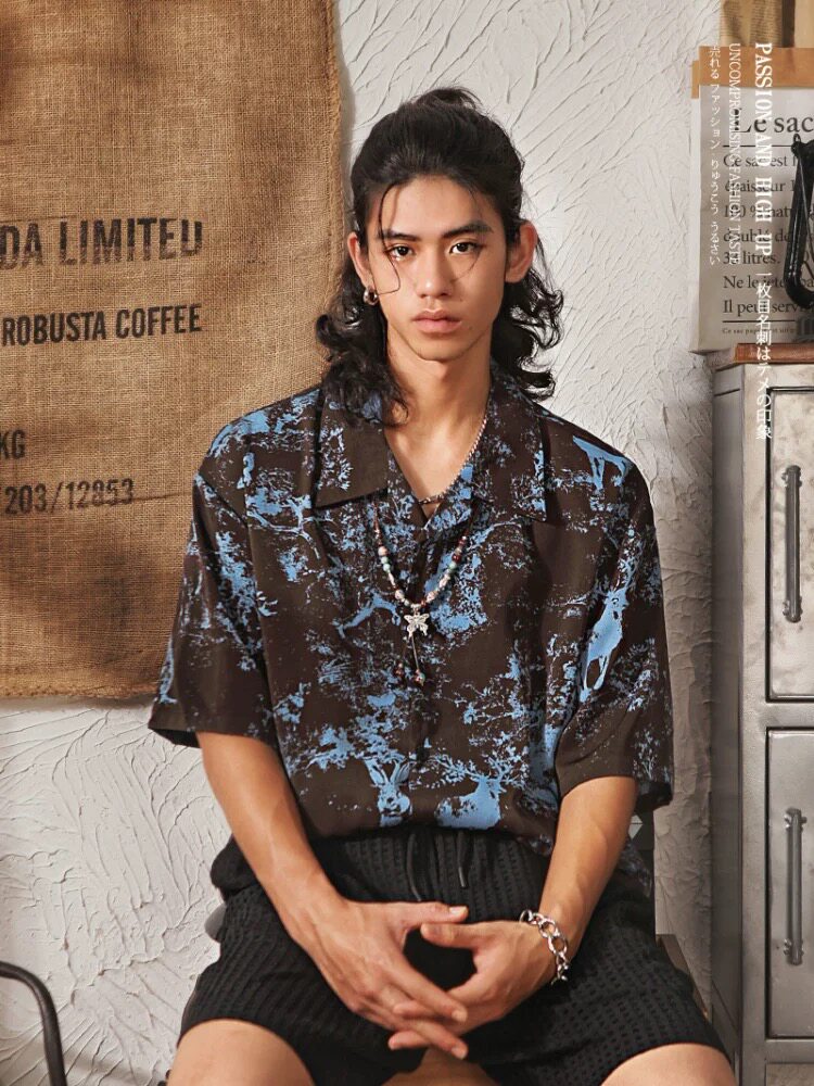 美式复古潮牌衬衣帅撞色扎染宽松休闲短袖衬衫冰丝垂感时尚上衣男