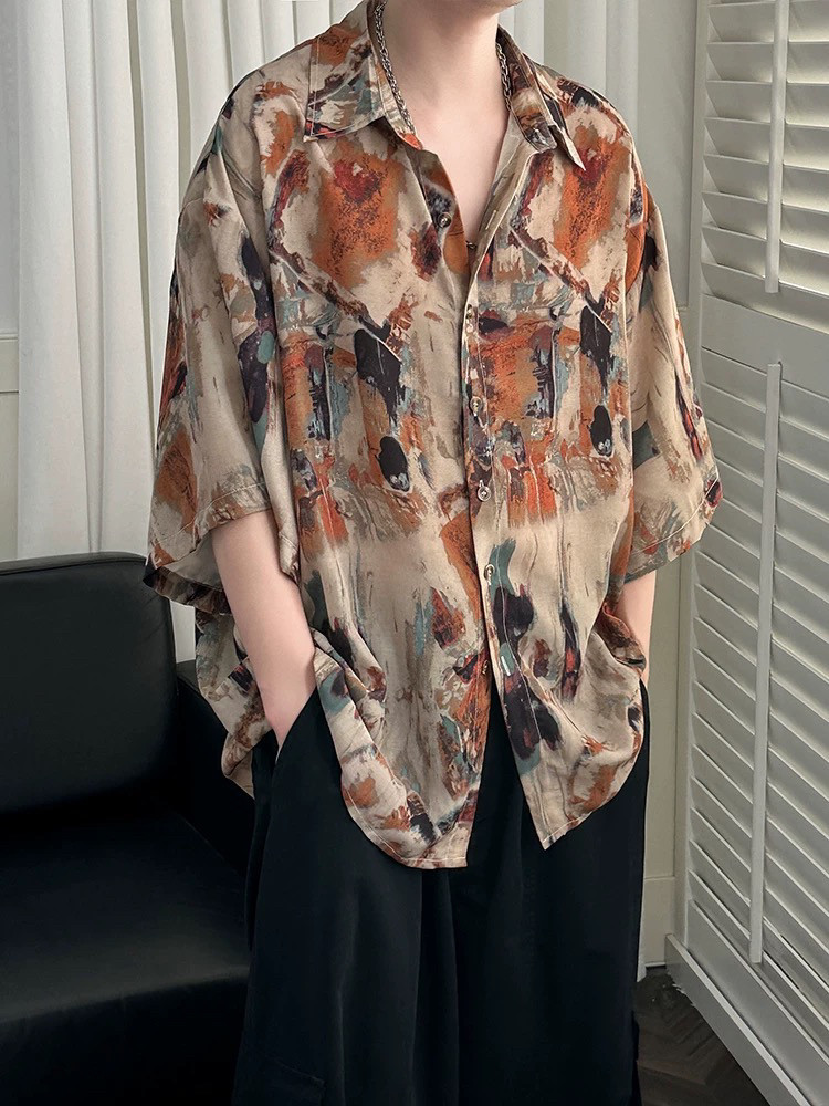 花衬衫男高级感痞帅衣服短袖夏冰丝海边穿搭复古衬衣港风2025新款