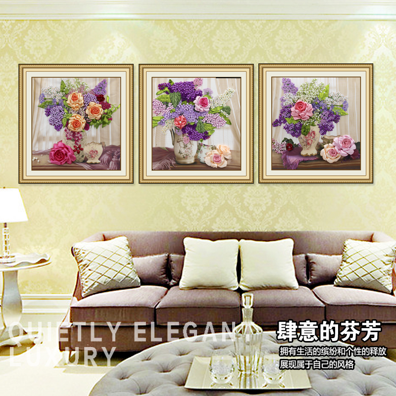 丝带绣新款立体绣手工刺绣自绣diy材料包玫瑰三联花卉客厅挂画