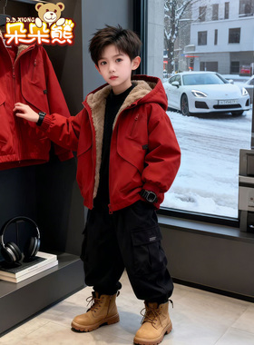 无货了。男童红色加绒外套新款冬款儿童连帽派克棉服加厚保暖棉服