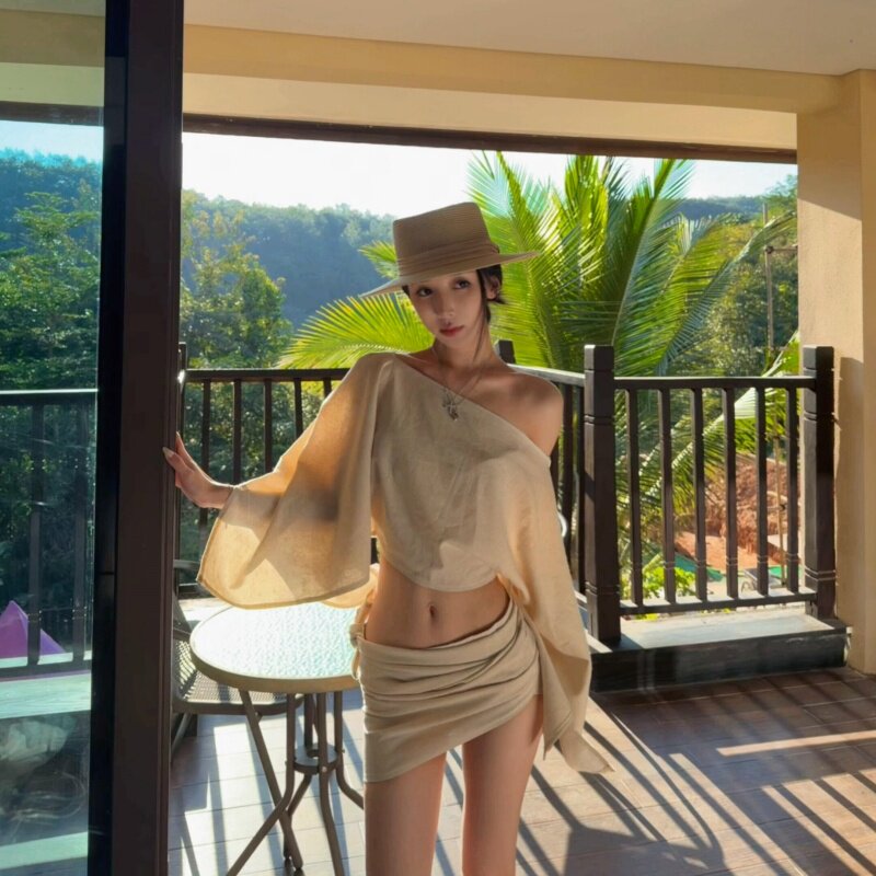 thumbnail for NALYSA Shenzhen high goods! Minimalist old money style, one-shoulder, off-the-shoulder, short skirt, women's summer travel and vacation style