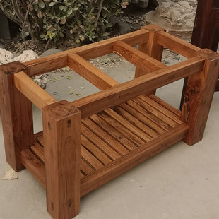 老槐木石槽木架子实木置物架鱼缸底座木支架老石磨木架户外防腐