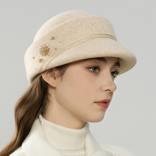 秋冬羊毛呢鸭舌帽女优雅精致装饰马术帽复古短帽沿小礼帽潮贝雷帽