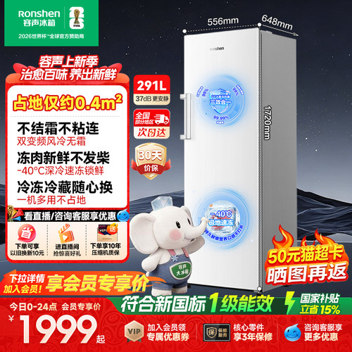 容声方糖291升立式无霜家用冰柜