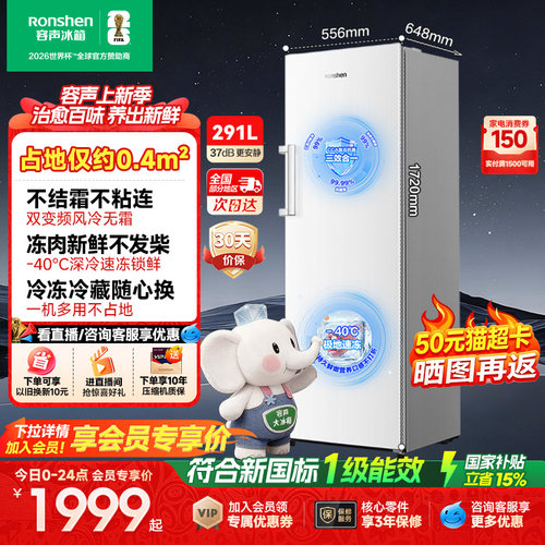 容声方糖291升立式无霜家用冰柜