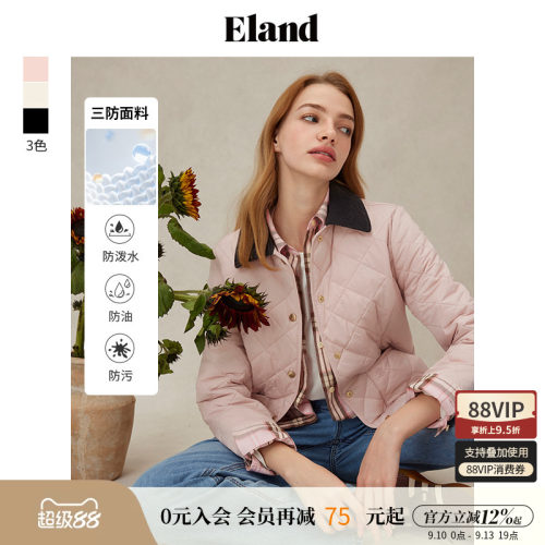 ELAND甜美纯色棉服菱格翻领