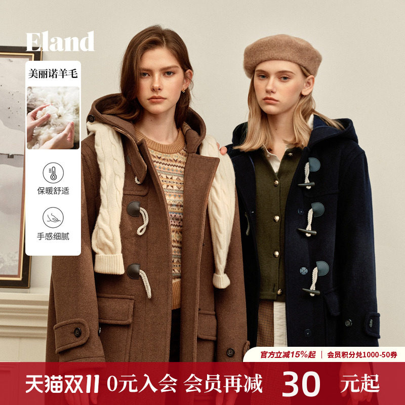 【经典长期主义】Eland衣恋毛呢外套女复古连帽牛角扣羊毛大衣冬