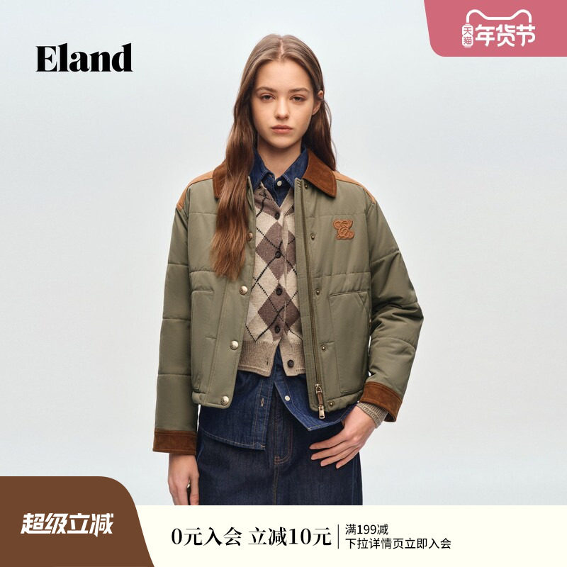 Eland衣恋棉衣女翻领长袖大口袋通勤棉服外套2026春季新款