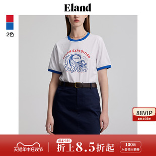 宽松休闲海军风夏季 款 撞色圆领印花短款 Eland衣恋T恤女短袖