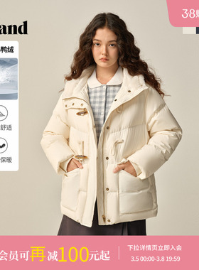 【羽绒】Eland衣恋鸭绒服女时尚带帽长袖牛角扣外套2025冬季新款