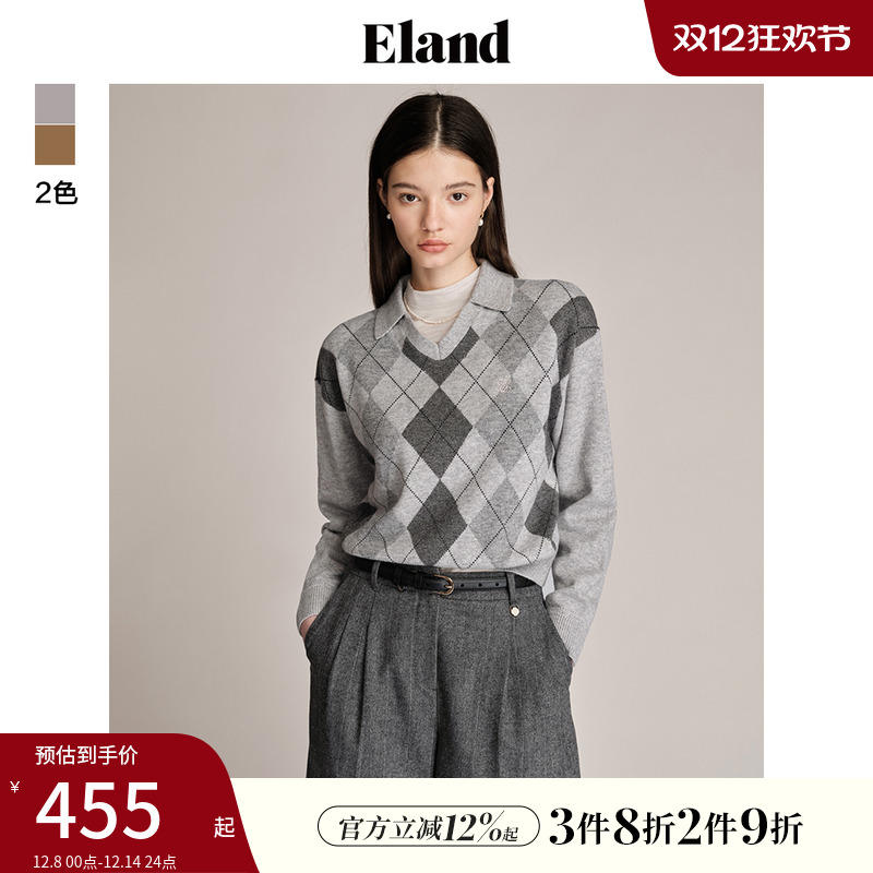 ELAND菱形格纹复古风针织毛衣