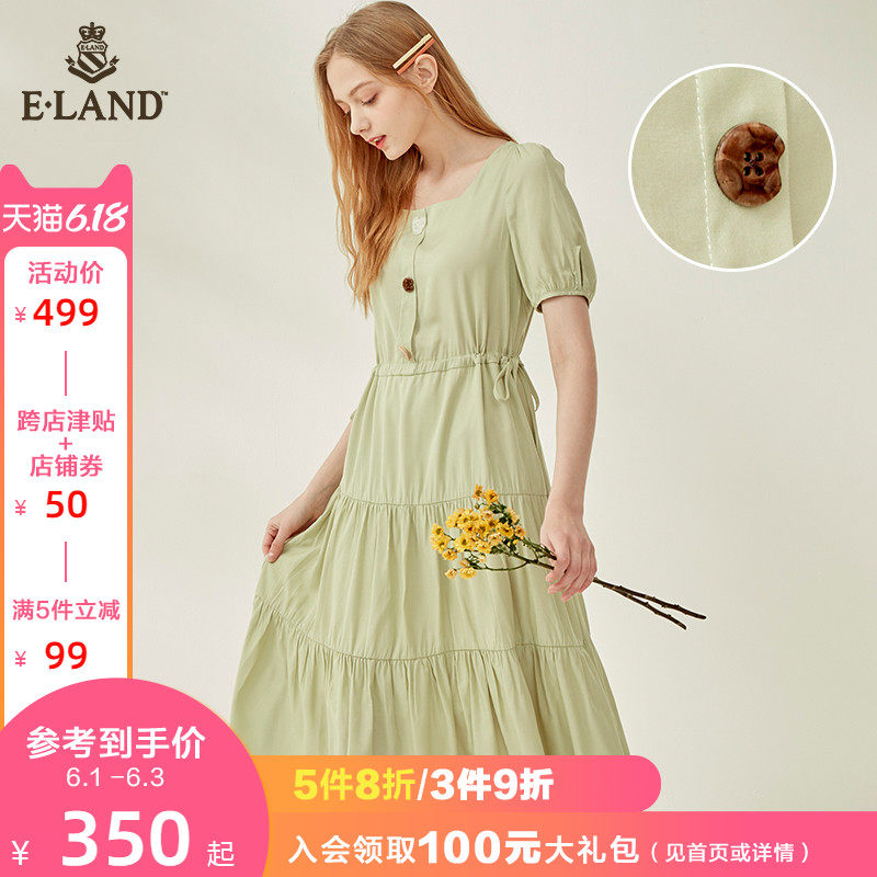 ELAND2020夏季新款复古方领百褶束腰显瘦连衣裙女EEOWA6405I