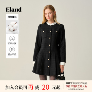 新款 Eland衣恋连衣裙女法式 小香风荷叶边立领短裙2025秋季