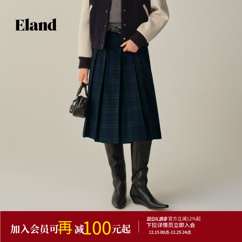 Eland衣恋半身裙女时尚格纹裙中长款百褶裙2025冬季新款