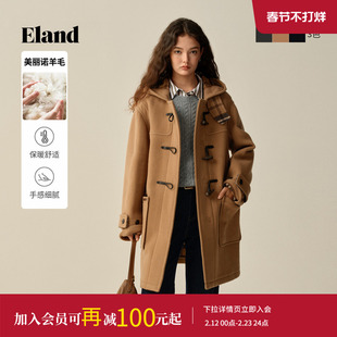 【美丽诺羊毛】ELand衣恋毛呢外套女牛角扣加厚羊毛大衣2025冬新