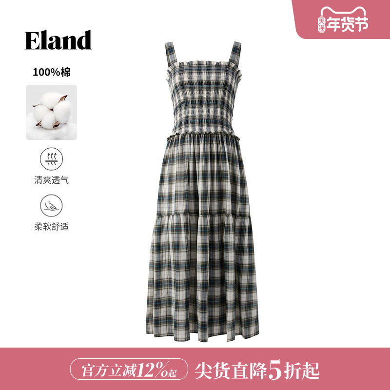 【100%棉】Eland衣恋连衣裙女2025无袖吊带收腰长裙秋季