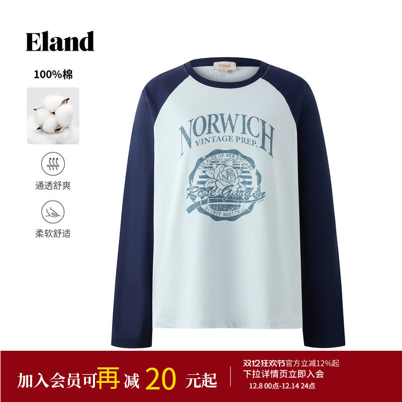 【100%棉】Eland衣恋T恤女时尚印花长袖上衣2025冬季新