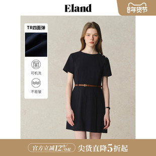 【四面弹】Eland衣恋连衣裙女圆领中短款腰带百褶裙2025夏季新款