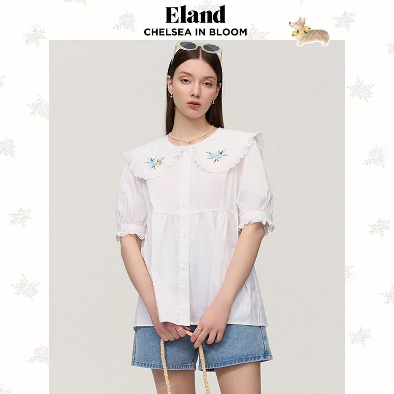 Eland衣恋短袖衬衫女娃娃领蕾丝泡泡袖宽松甜美风上衣2023春新品