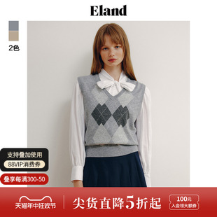 针织衫 Eland衣恋美拉德无袖 女套头V领学院风复古高级感格纹马甲