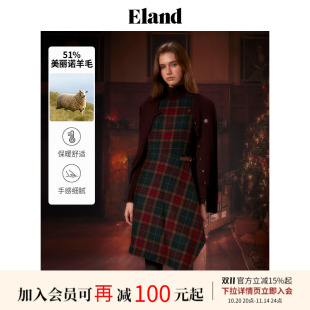 Eland衣恋连衣裙女格纹含羊毛不规则下摆裙子2025春季 新款