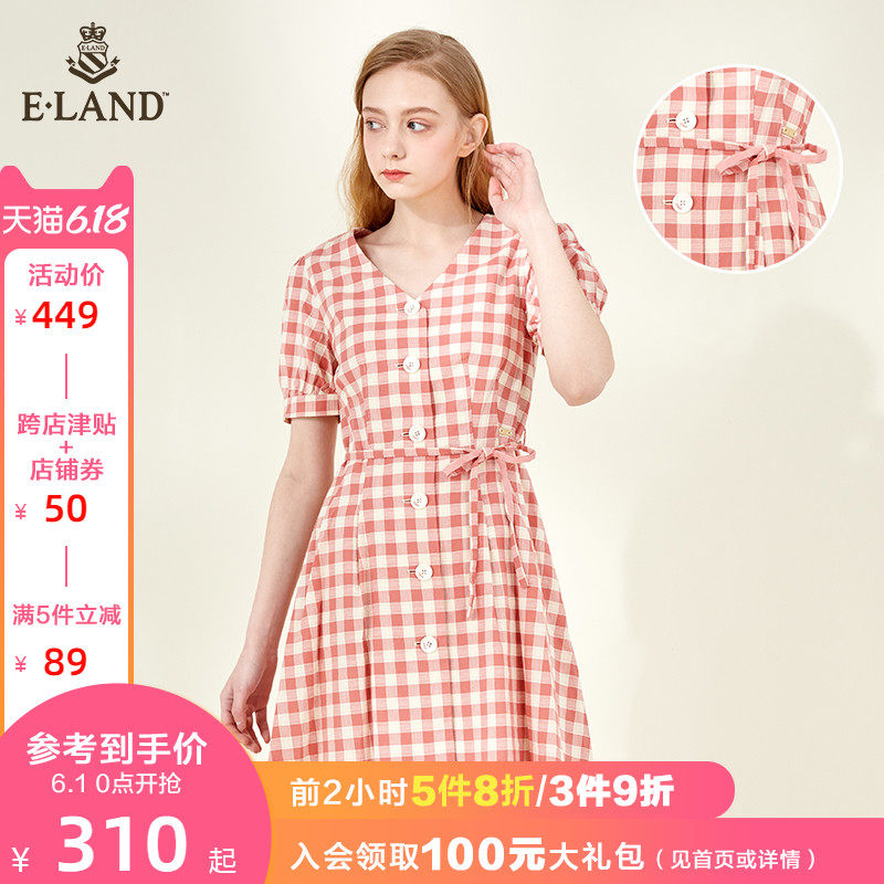 ELAND2020夏季新款田园撞色格纹气质法式茶歇连衣裙女EEOWA24H2C