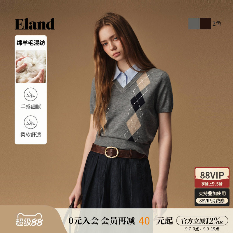 ELAND学院风假两件衬衫领T恤图片