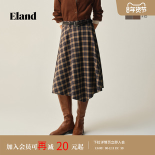 Eland衣恋半身裙女复古格纹显瘦A字伞摆裙2025冬季新款