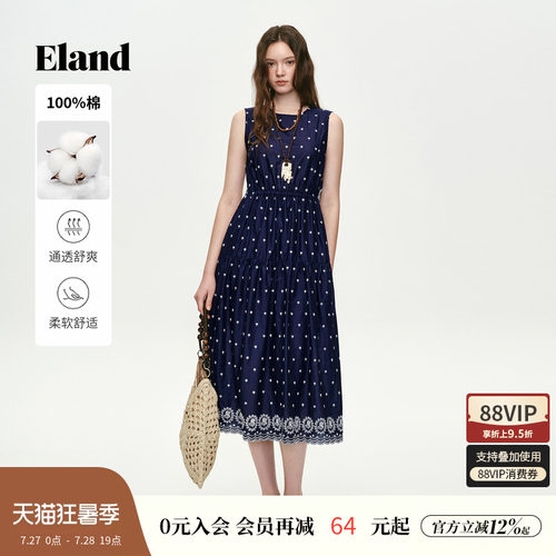 ELAND连衣裙棉质碎花收腰无袖