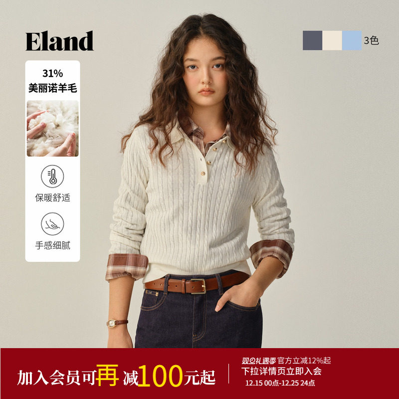 【美丽诺羊毛】Eland衣恋毛衣女翻领显瘦长袖针织衫2025冬季