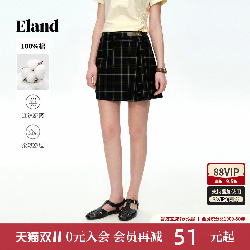 【100%棉】Eland衣恋半身裙女时尚休闲格纹裙短裙