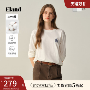 纯色休闲上衣2025秋季 Eland衣恋T恤女圆领长袖 新款 100%棉